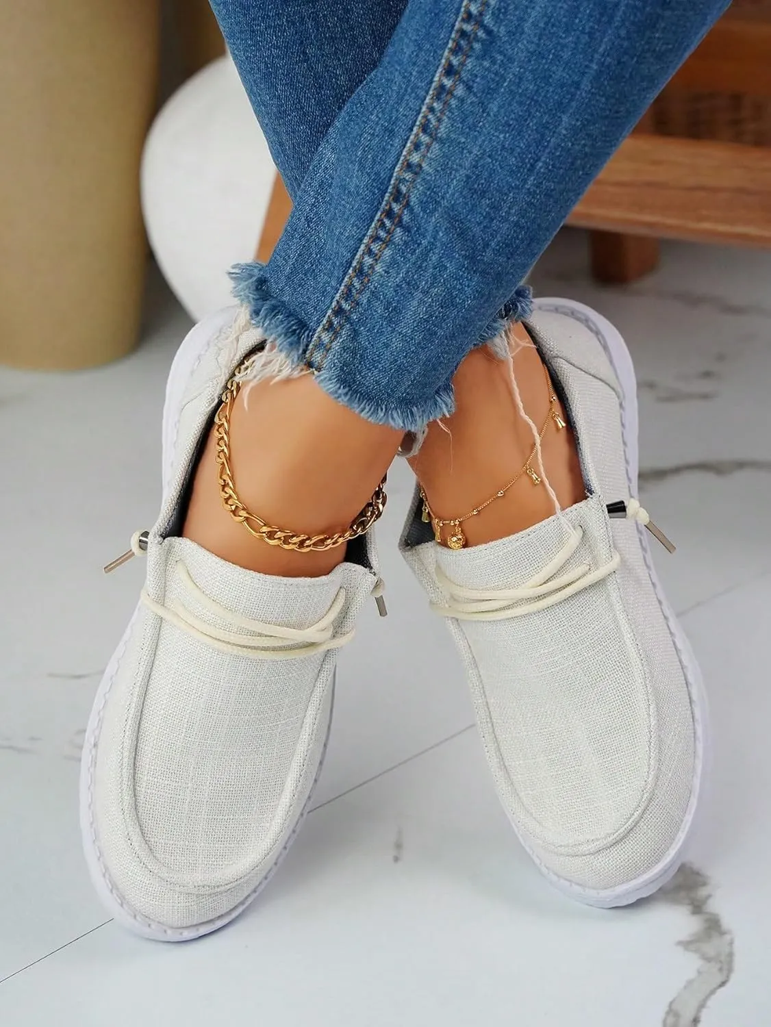 Shesnugin|Women's Black Fabric Slip On Casual Loafers Comfortable Lightweight Breathable Canvas Lace-Up Walking Flat Boat Shoes Ultralight Sole Wide Deck Shoes for Work and Traveling