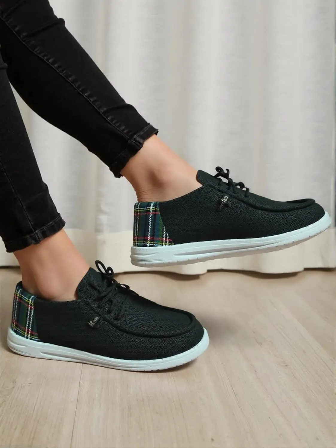 Shesnugin|Women's Black Fabric Slip On Casual Loafers Comfortable Lightweight Breathable Canvas Lace-Up Walking Flat Boat Shoes Ultralight Sole Wide Deck Shoes for Work and Traveling