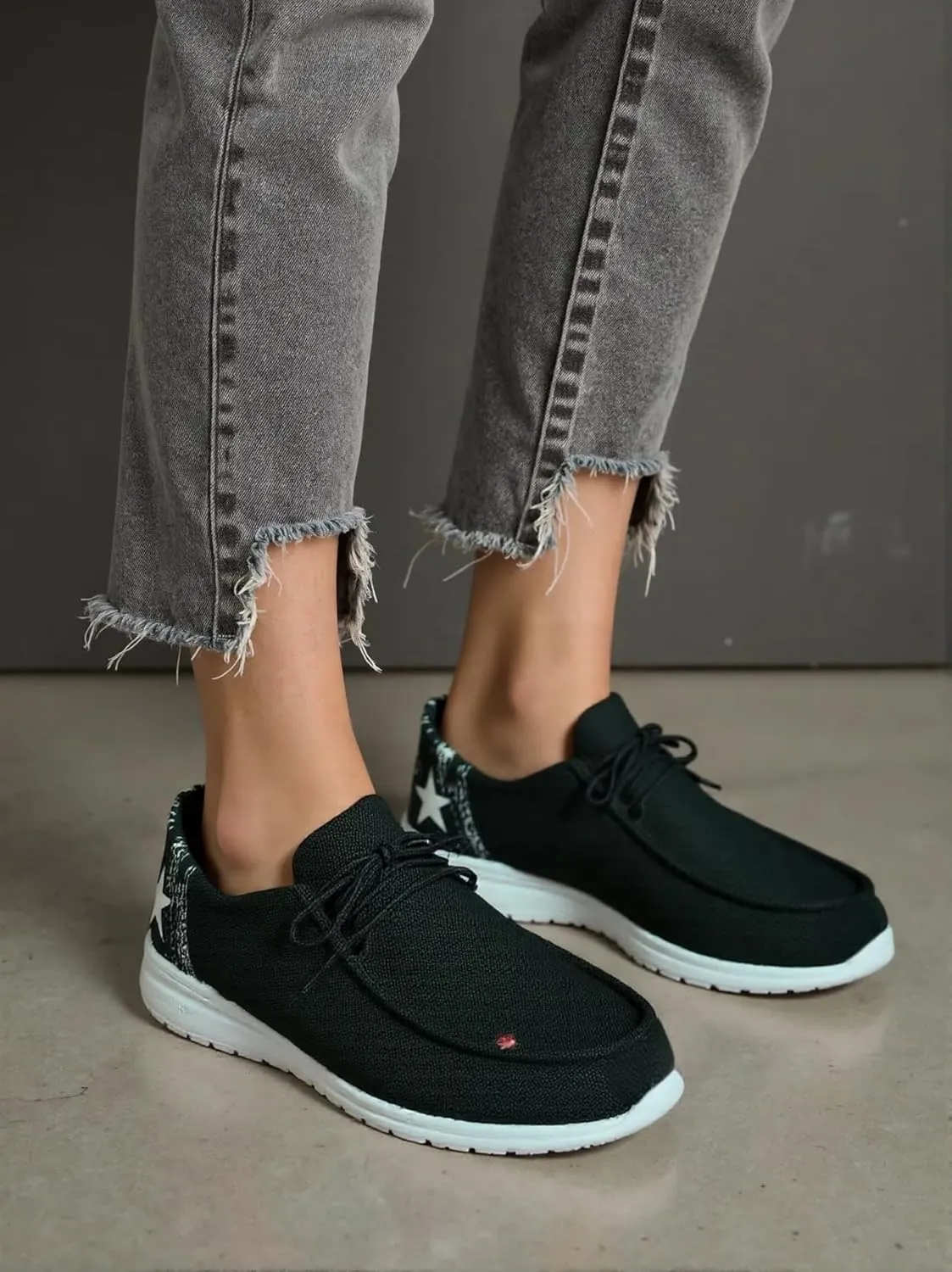 Shesnugin|Women's Black Fabric Slip On Casual Loafers Comfortable Lightweight Breathable Canvas Lace-Up Walking Flat Boat Shoes Ultralight Sole Wide Deck Shoes for Work and Traveling