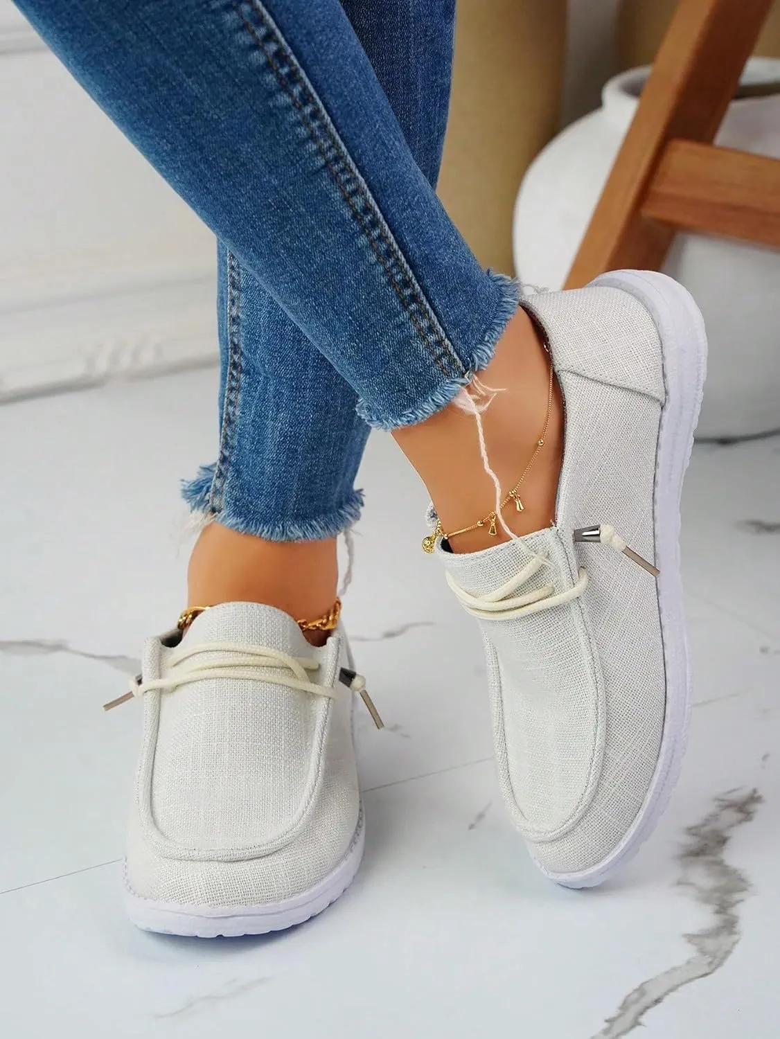 Shesnugin|Women's Black Fabric Slip On Casual Loafers Comfortable Lightweight Breathable Canvas Lace-Up Walking Flat Boat Shoes Ultralight Sole Wide Deck Shoes for Work and Traveling