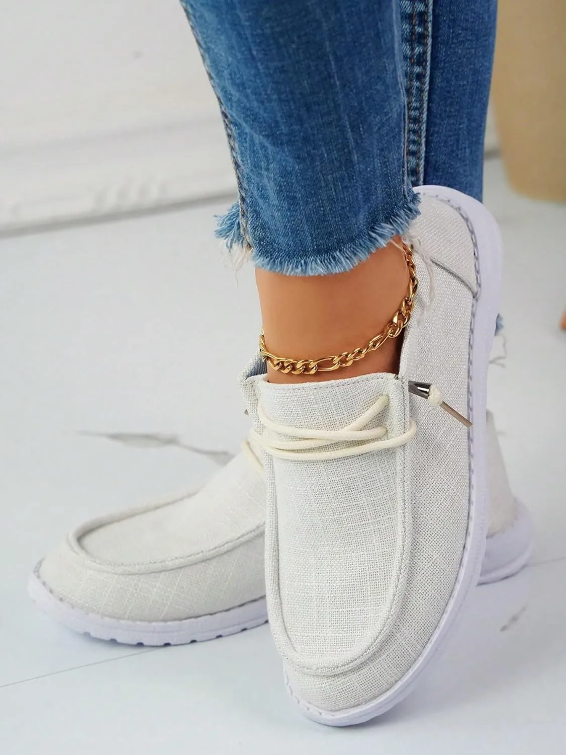 Shesnugin|Women's Black Fabric Slip On Casual Loafers Comfortable Lightweight Breathable Canvas Lace-Up Walking Flat Boat Shoes Ultralight Sole Wide Deck Shoes for Work and Traveling