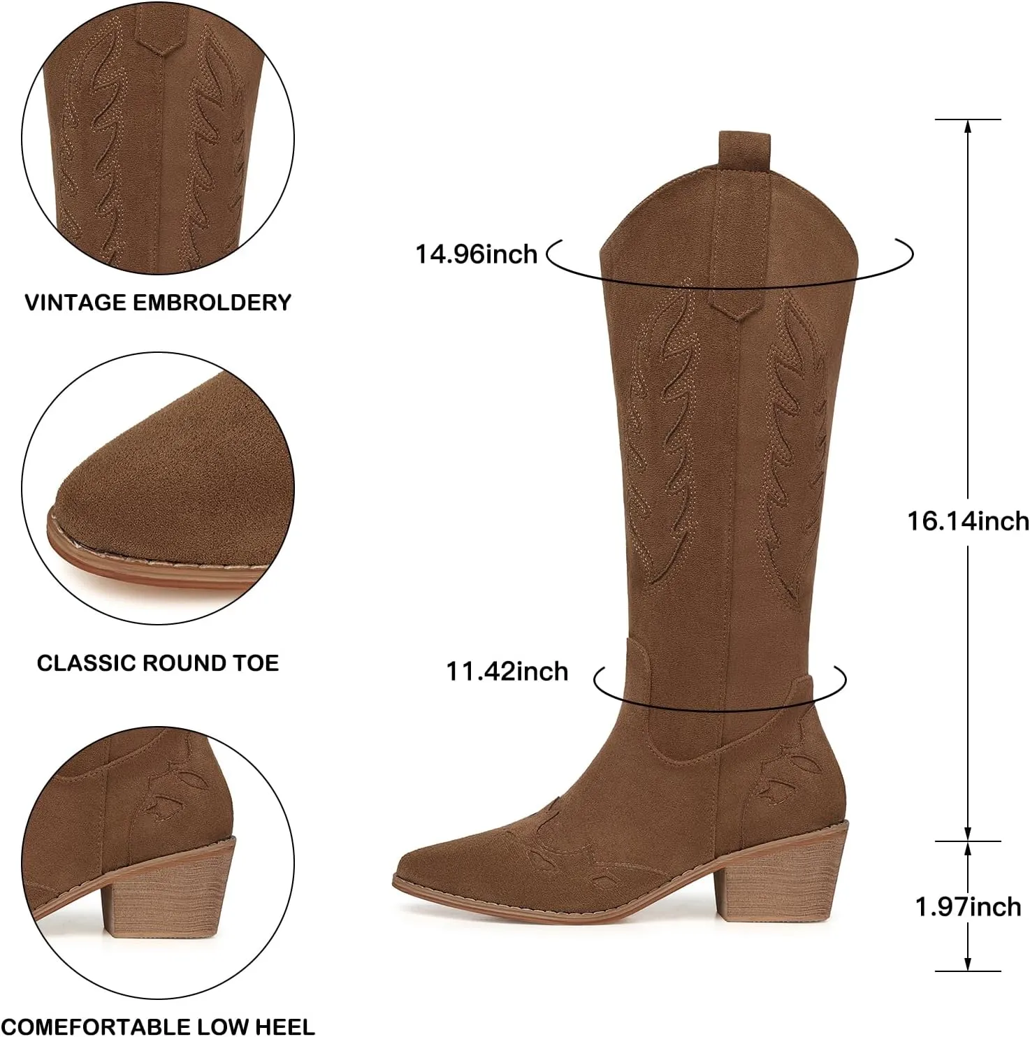 SHIBEVER Cowboy Boots for Women Knee High Suede Pointed Toe Cowgirl Boots Embroidered Pull-On Chunky Heel Western Boots