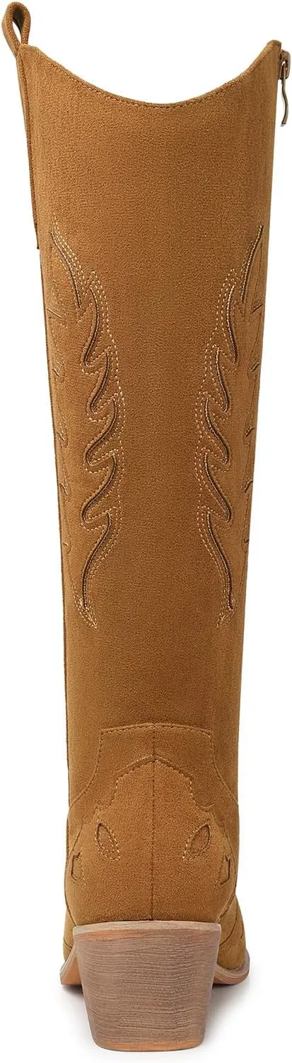 SHIBEVER Cowboy Boots for Women Knee High Suede Pointed Toe Cowgirl Boots Embroidered Pull-On Chunky Heel Western Boots