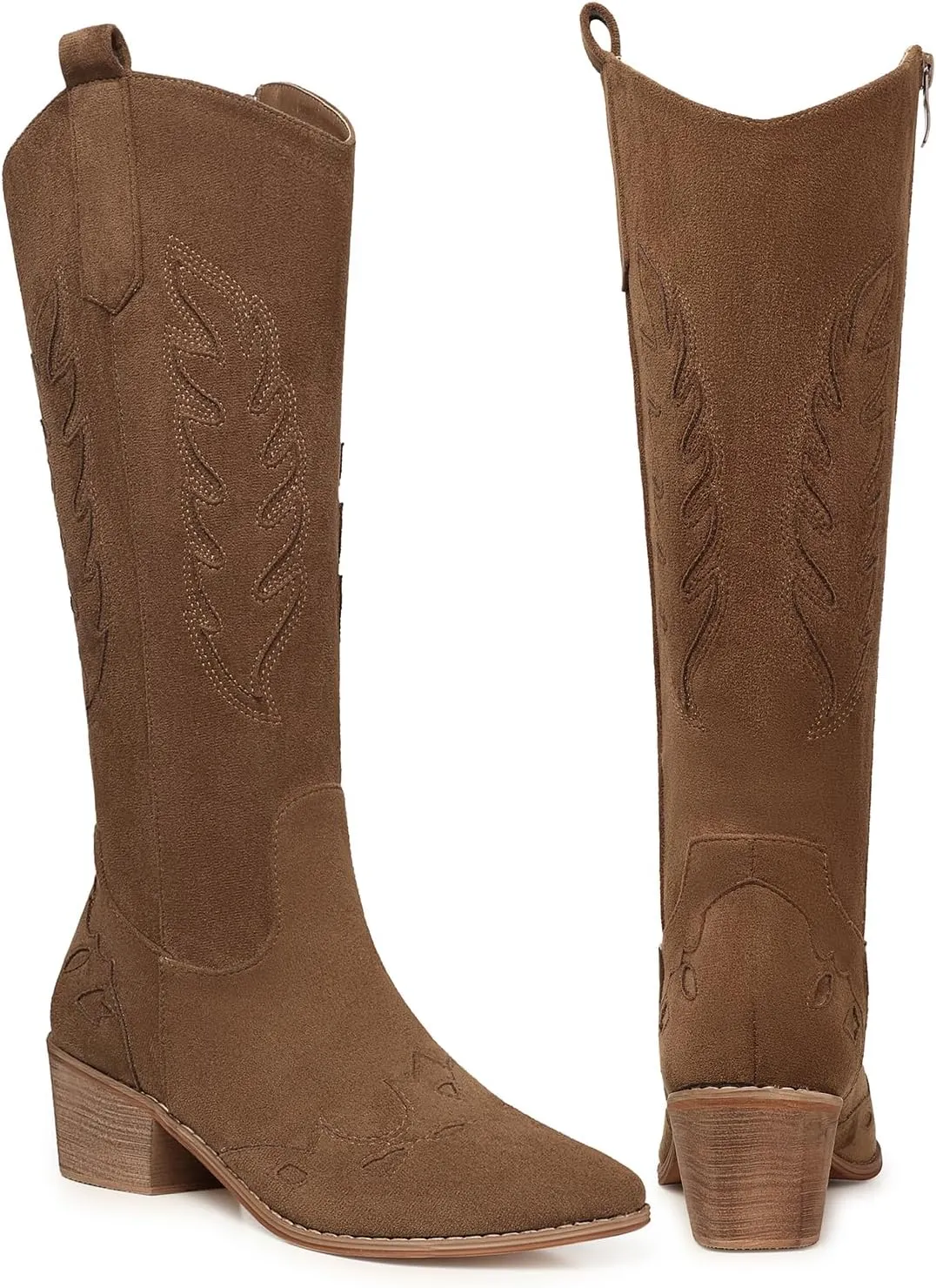 SHIBEVER Cowboy Boots for Women Knee High Suede Pointed Toe Cowgirl Boots Embroidered Pull-On Chunky Heel Western Boots