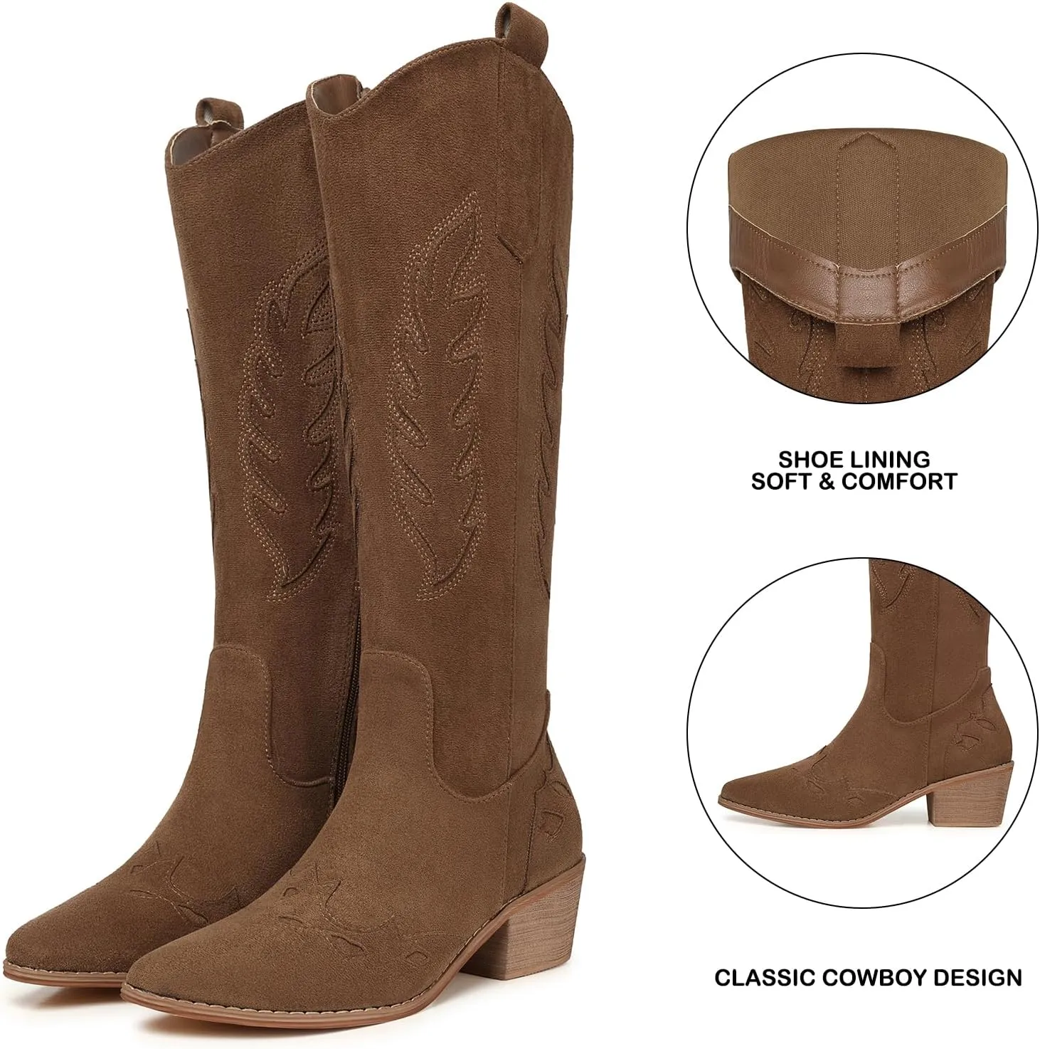 SHIBEVER Cowboy Boots for Women Knee High Suede Pointed Toe Cowgirl Boots Embroidered Pull-On Chunky Heel Western Boots