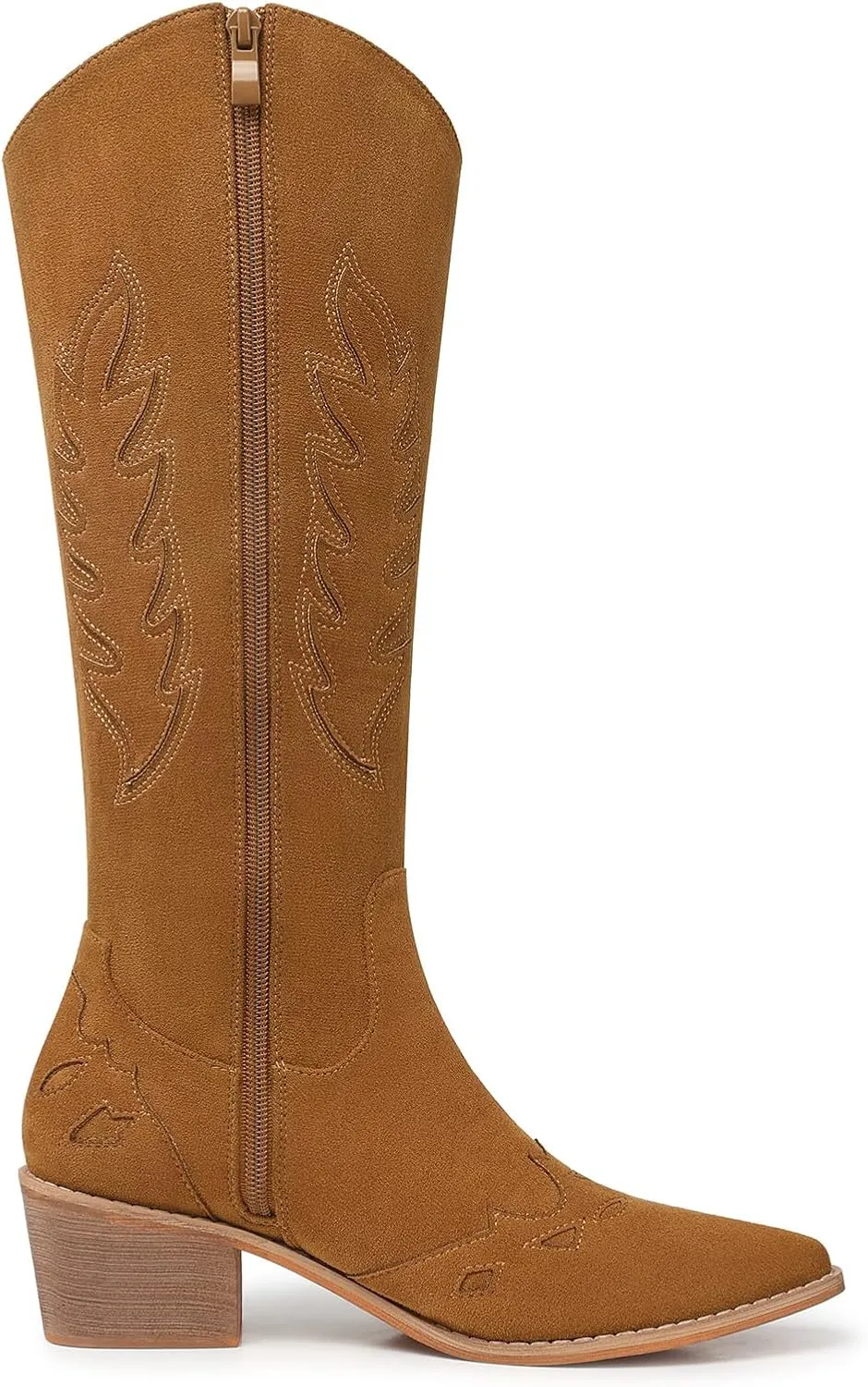 SHIBEVER Cowboy Boots for Women Knee High Suede Pointed Toe Cowgirl Boots Embroidered Pull-On Chunky Heel Western Boots