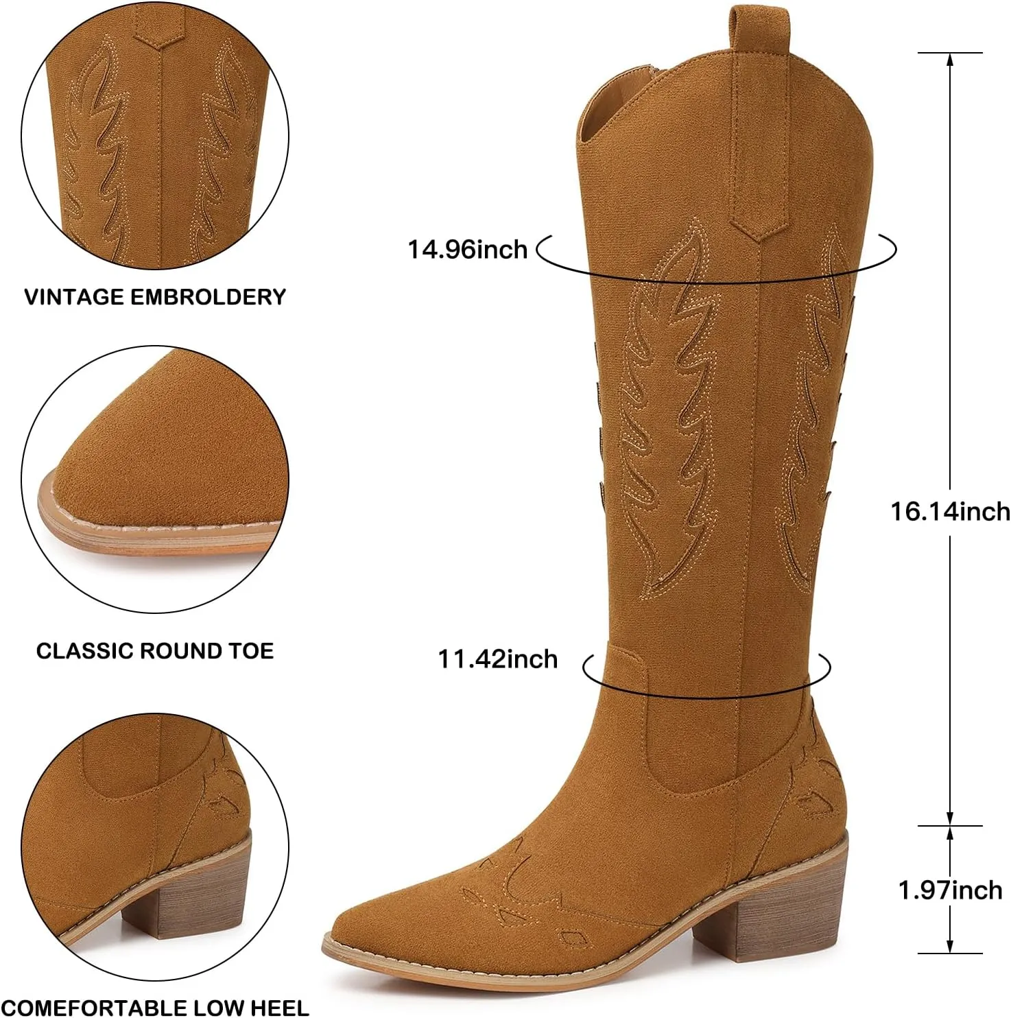 SHIBEVER Cowboy Boots for Women Knee High Suede Pointed Toe Cowgirl Boots Embroidered Pull-On Chunky Heel Western Boots