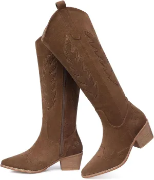 SHIBEVER Cowboy Boots for Women Knee High Suede Pointed Toe Cowgirl Boots Embroidered Pull-On Chunky Heel Western Boots