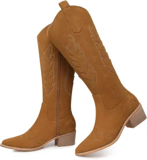 SHIBEVER Cowboy Boots for Women Knee High Suede Pointed Toe Cowgirl Boots Embroidered Pull-On Chunky Heel Western Boots