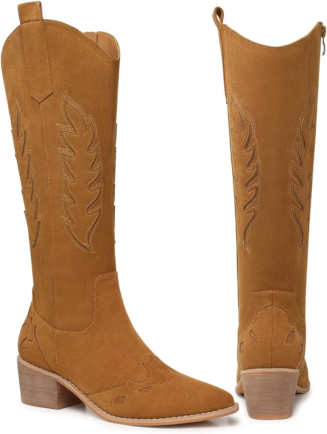 SHIBEVER Cowboy Boots for Women Knee High Suede Pointed Toe Cowgirl Boots Embroidered Pull-On Chunky Heel Western Boots