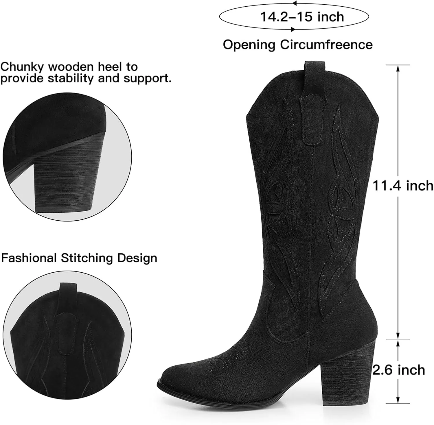 SHIBEVER Cowboy Boots for Women Mid: Black Wide Calf Cowgirl Boots Western Embroidered Country High Heel Round Toe Booties Size