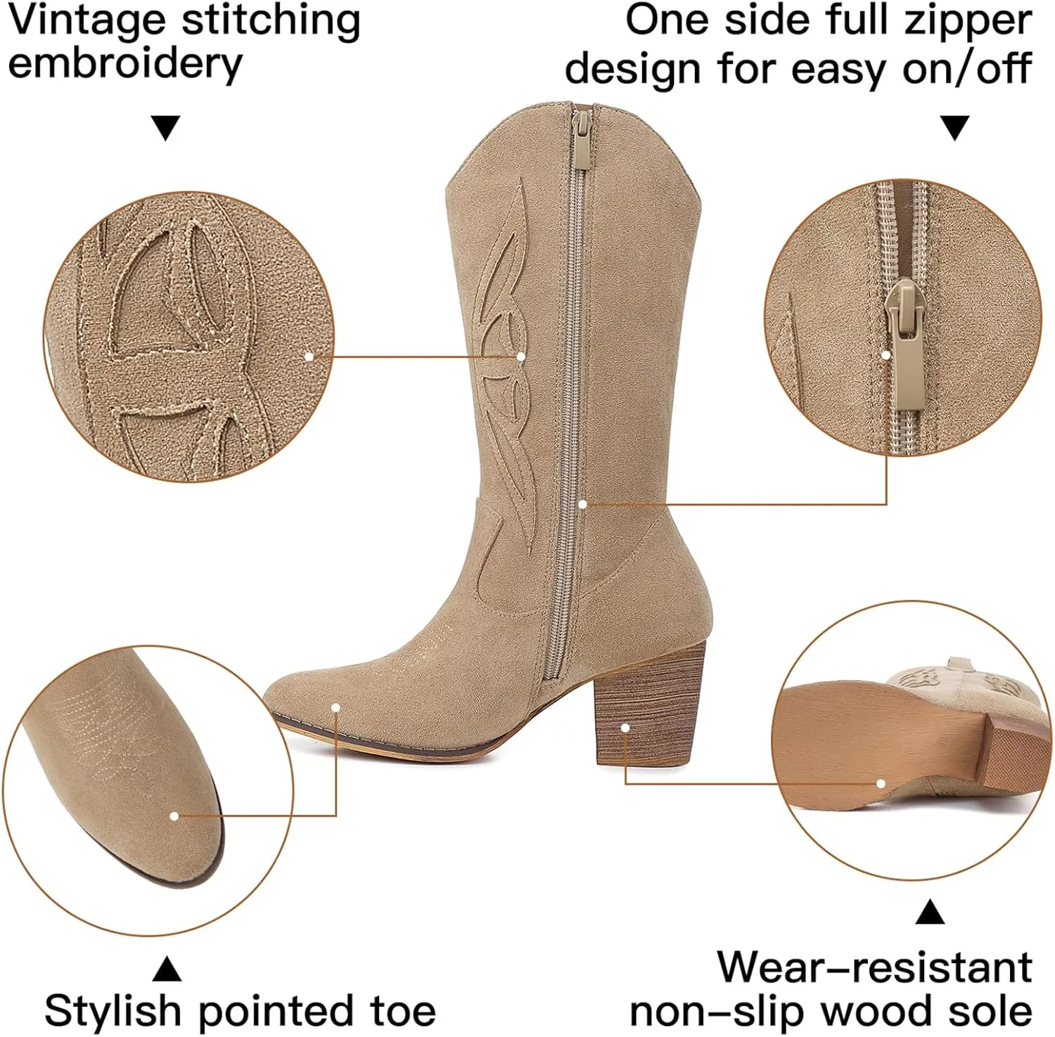 SHIBEVER Cowboy Boots for Women Mid: Black Wide Calf Cowgirl Boots Western Embroidered Country High Heel Round Toe Booties Size