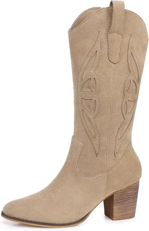 SHIBEVER Cowboy Boots for Women Mid: Black Wide Calf Cowgirl Boots Western Embroidered Country High Heel Round Toe Booties Size