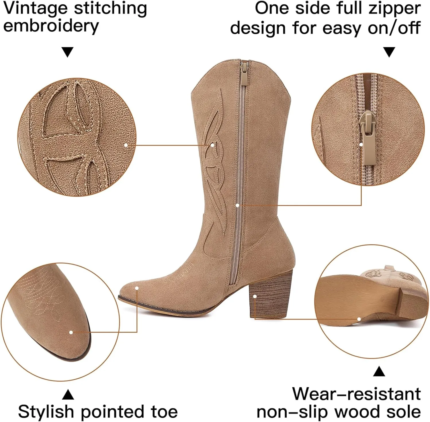 SHIBEVER Cowboy Boots for Women Mid: Black Wide Calf Cowgirl Boots Western Embroidered Country High Heel Round Toe Booties Size