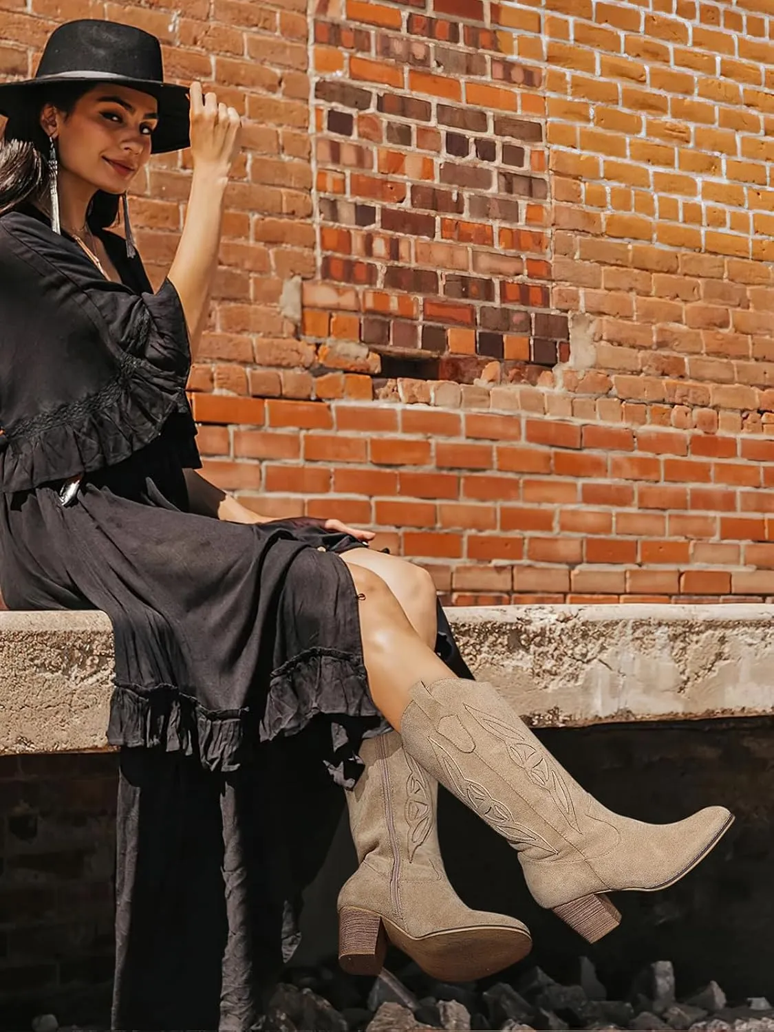 SHIBEVER Cowboy Boots for Women Mid: Black Wide Calf Cowgirl Boots Western Embroidered Country High Heel Round Toe Booties Size