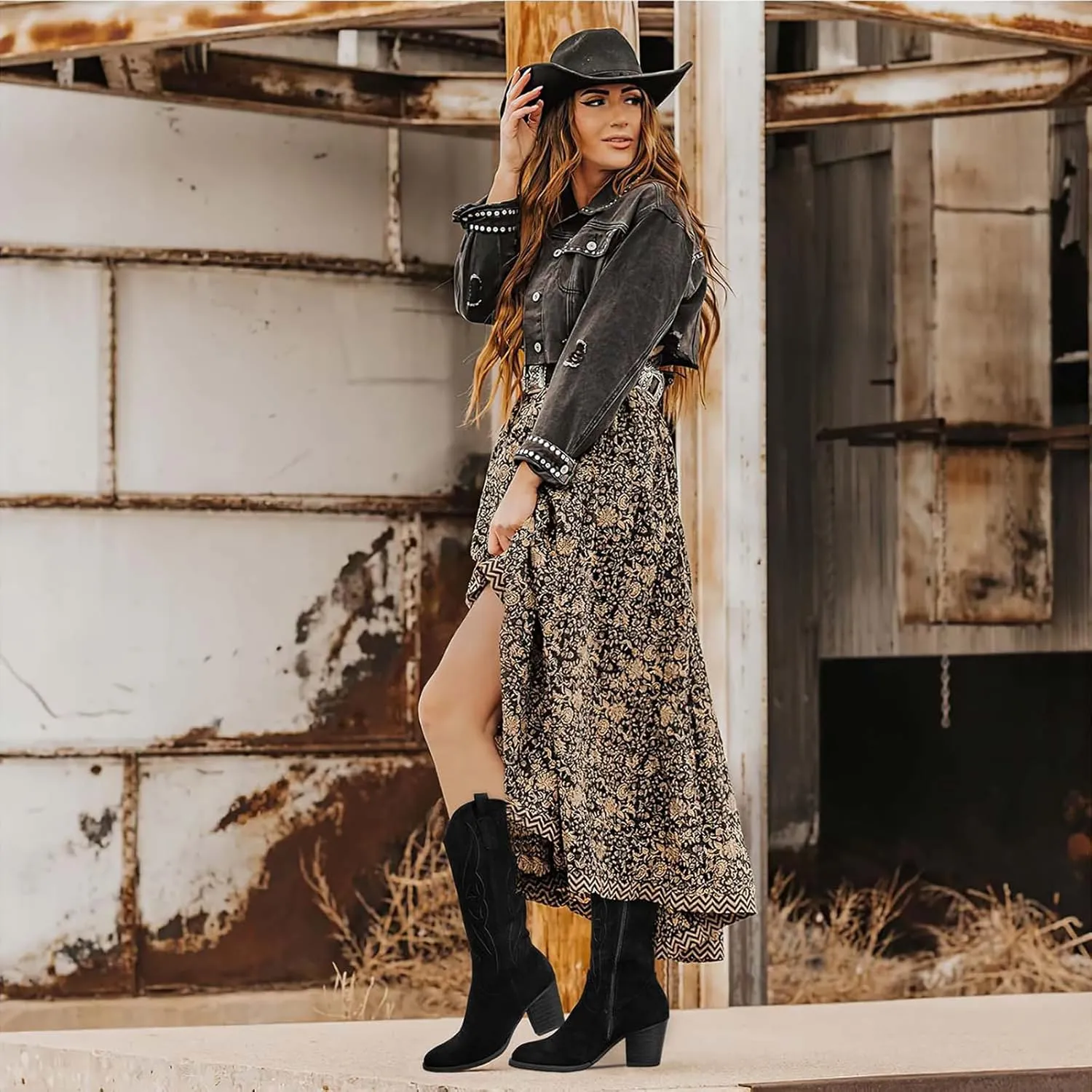 SHIBEVER Cowboy Boots for Women Mid: Black Wide Calf Cowgirl Boots Western Embroidered Country High Heel Round Toe Booties Size