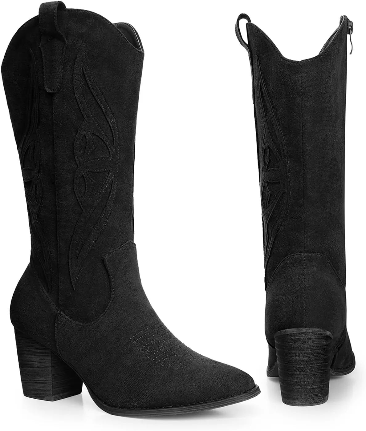 SHIBEVER Cowboy Boots for Women Mid: Black Wide Calf Cowgirl Boots Western Embroidered Country High Heel Round Toe Booties Size