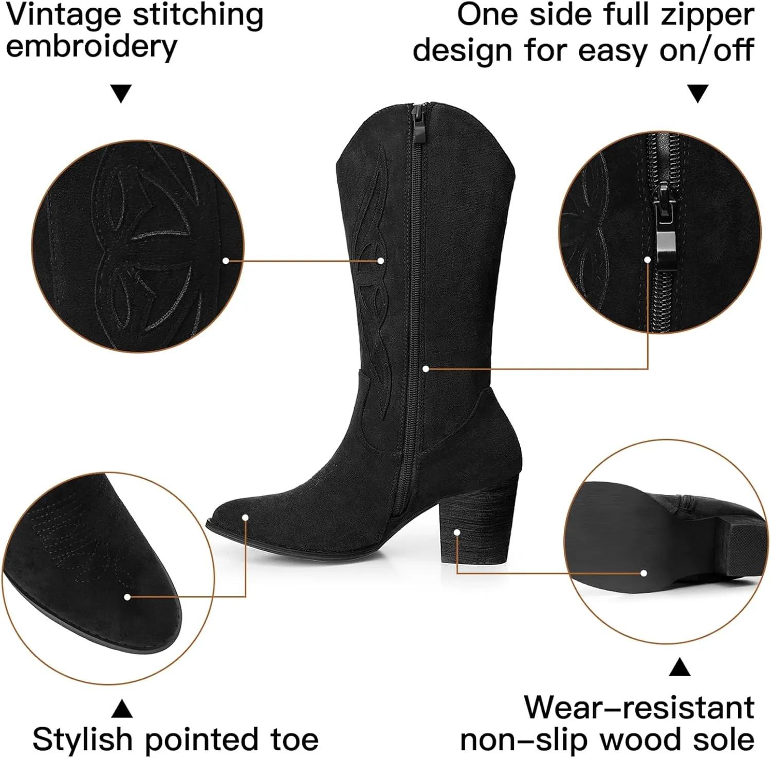 SHIBEVER Cowboy Boots for Women Mid: Black Wide Calf Cowgirl Boots Western Embroidered Country High Heel Round Toe Booties Size