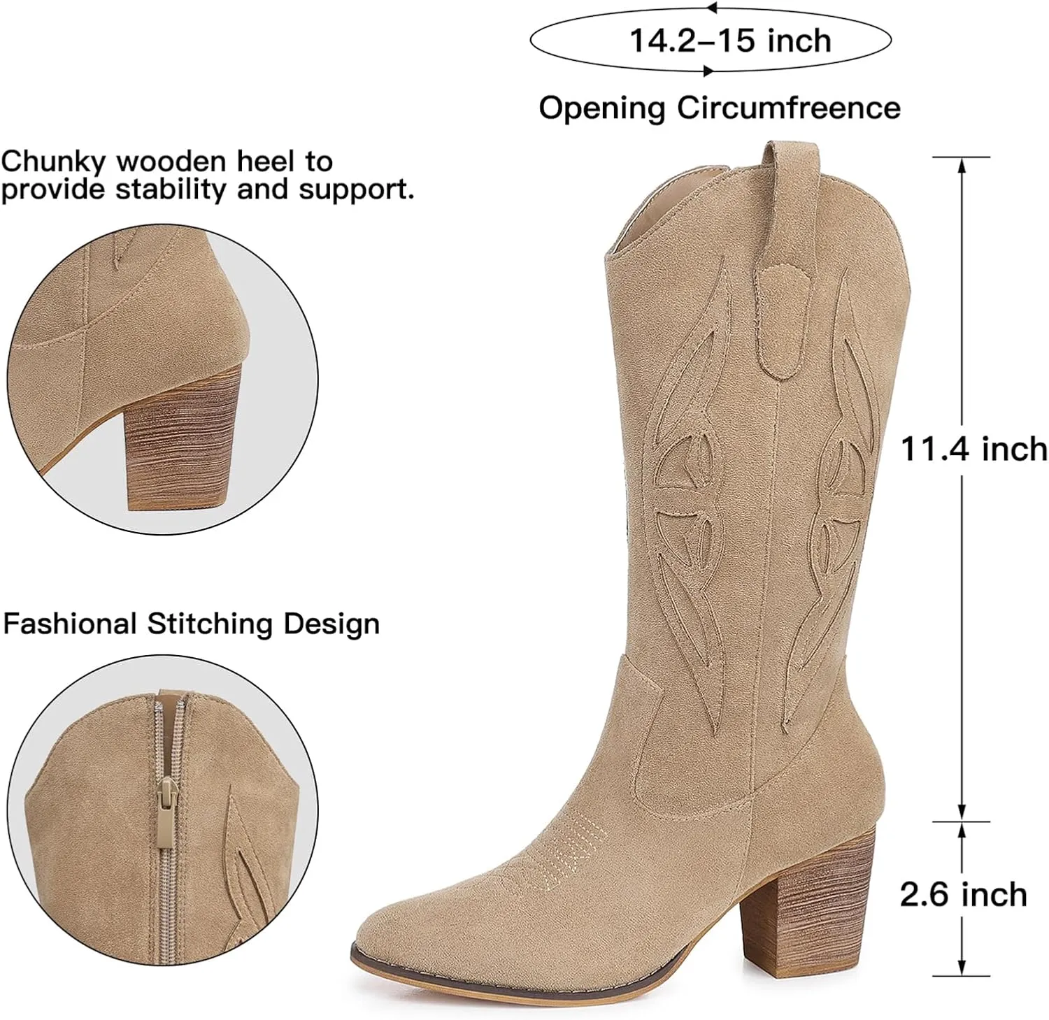 SHIBEVER Cowboy Boots for Women Mid: Black Wide Calf Cowgirl Boots Western Embroidered Country High Heel Round Toe Booties Size