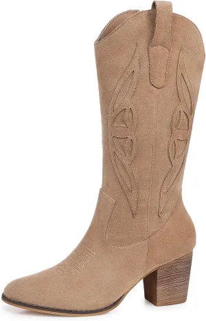 SHIBEVER Cowboy Boots for Women Mid: Black Wide Calf Cowgirl Boots Western Embroidered Country High Heel Round Toe Booties Size