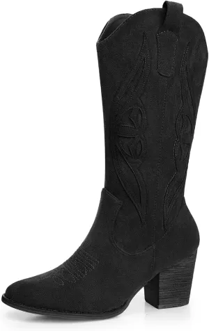 SHIBEVER Cowboy Boots for Women Mid: Black Wide Calf Cowgirl Boots Western Embroidered Country High Heel Round Toe Booties Size