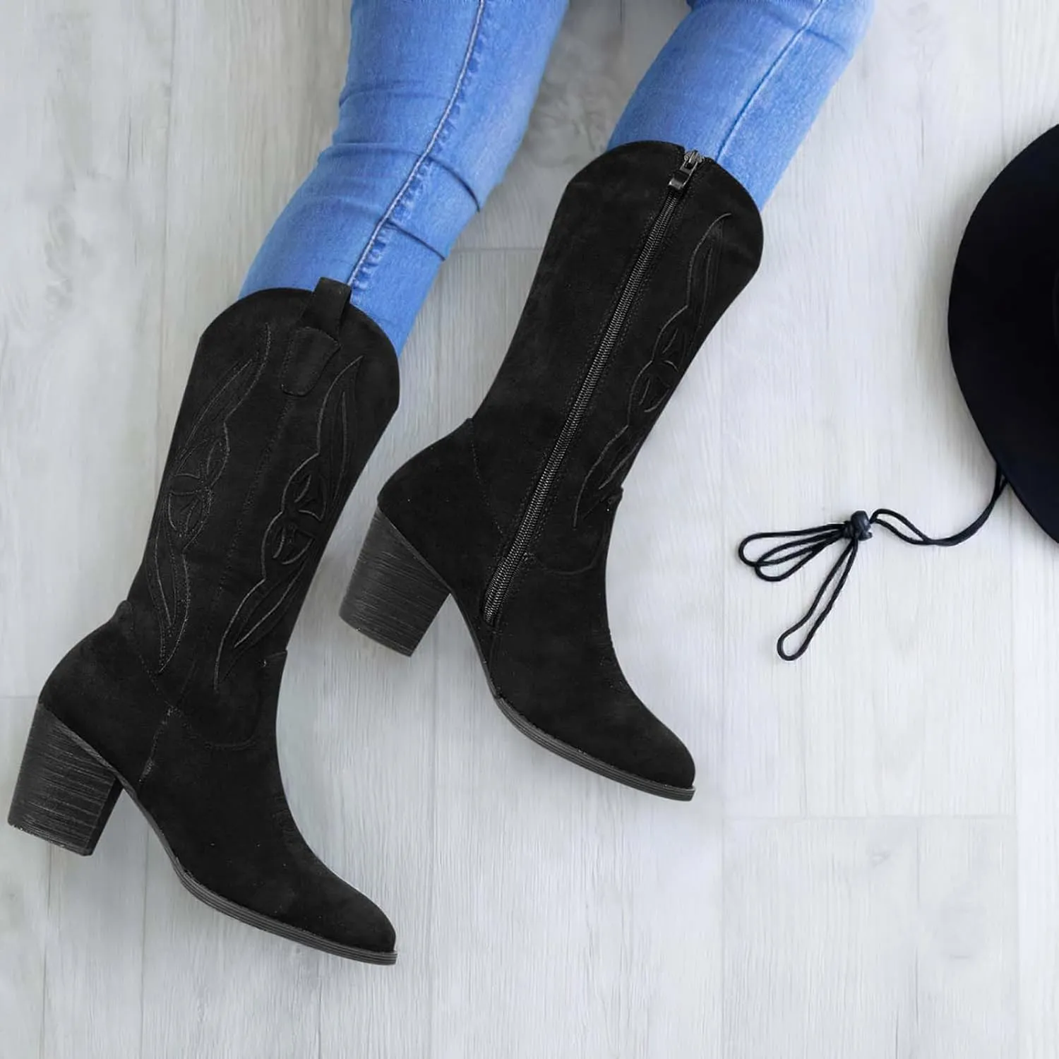 SHIBEVER Cowboy Boots for Women Mid: Black Wide Calf Cowgirl Boots Western Embroidered Country High Heel Round Toe Booties Size