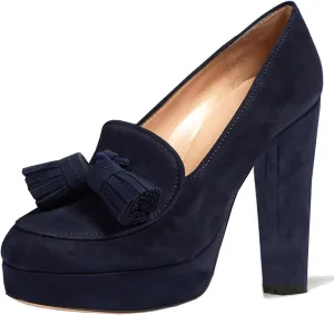 SHODENSE Women Vintage Chunky Platform Loafers Pumps Tassel Round Closed Toe Slip On Suede Block High Heel Dress Loafer Shoes Buckle Strap Oxford Loafers Fringe Pump Dressy Chic Sexy Y2k 4-11 M US