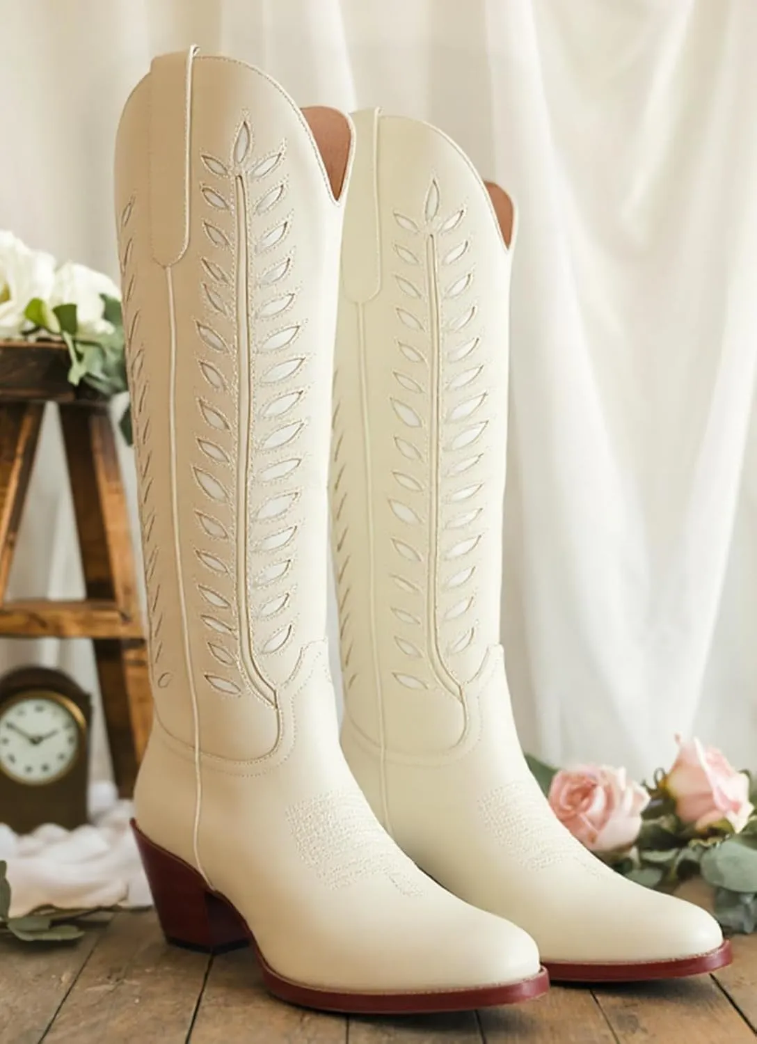 SIFINELAR Womens Cowboy Boots,Retro Leaf Embroidered Cowgirl Boots,Ladies Knee High Chunky Heel Round Toe Western Tall Boot.
