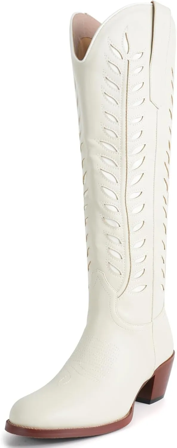 SIFINELAR Womens Cowboy Boots,Retro Leaf Embroidered Cowgirl Boots,Ladies Knee High Chunky Heel Round Toe Western Tall Boot.