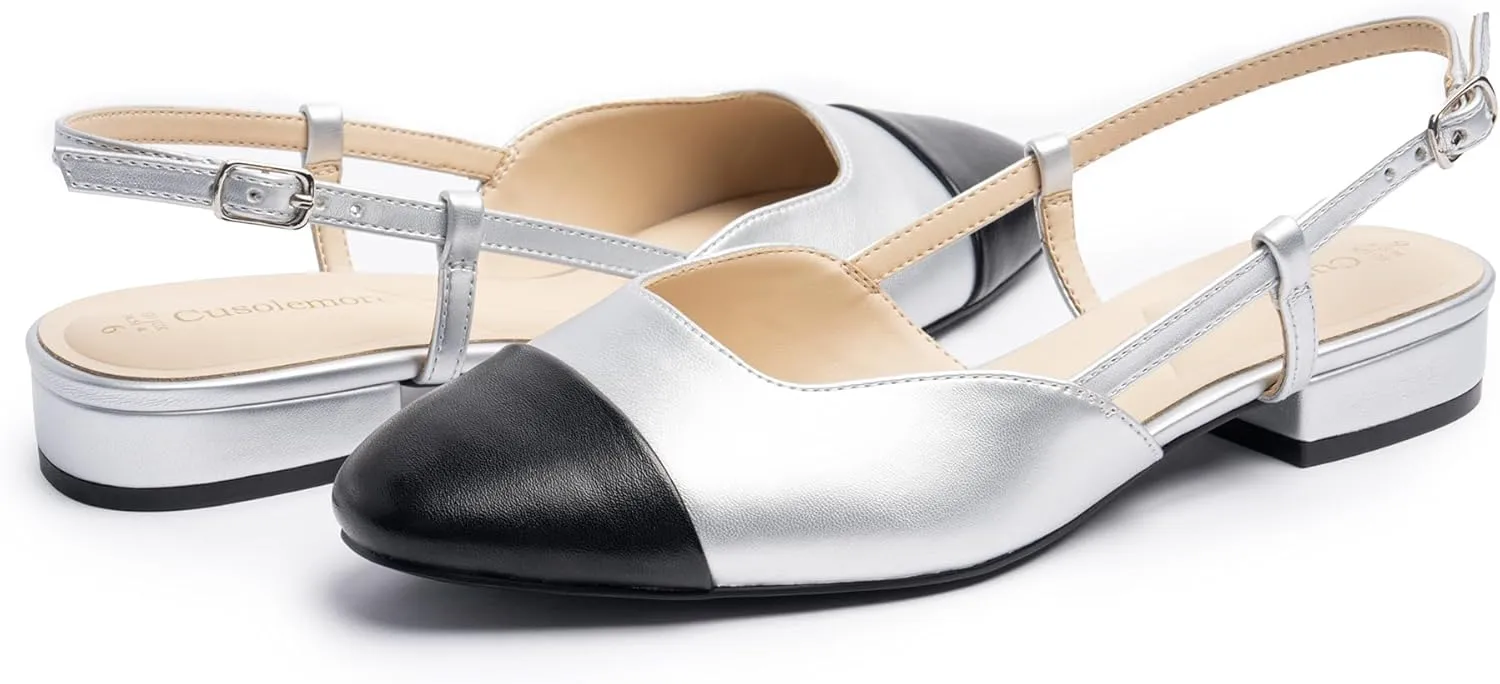 Slingback Flat Heels for Women, Cape Toe Flat Shoes, Low Heel Dress Shoes, Slingback Pumps for Women, Mules with Strap