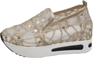 Slip On Sneakers Women Platform Wedge Sneakers Fashion Embroidery Floral Mesh Air Comfort Chunky Sole Hidden High Heels Slip On Loafers Breathable Walking Shoes with Arch Support