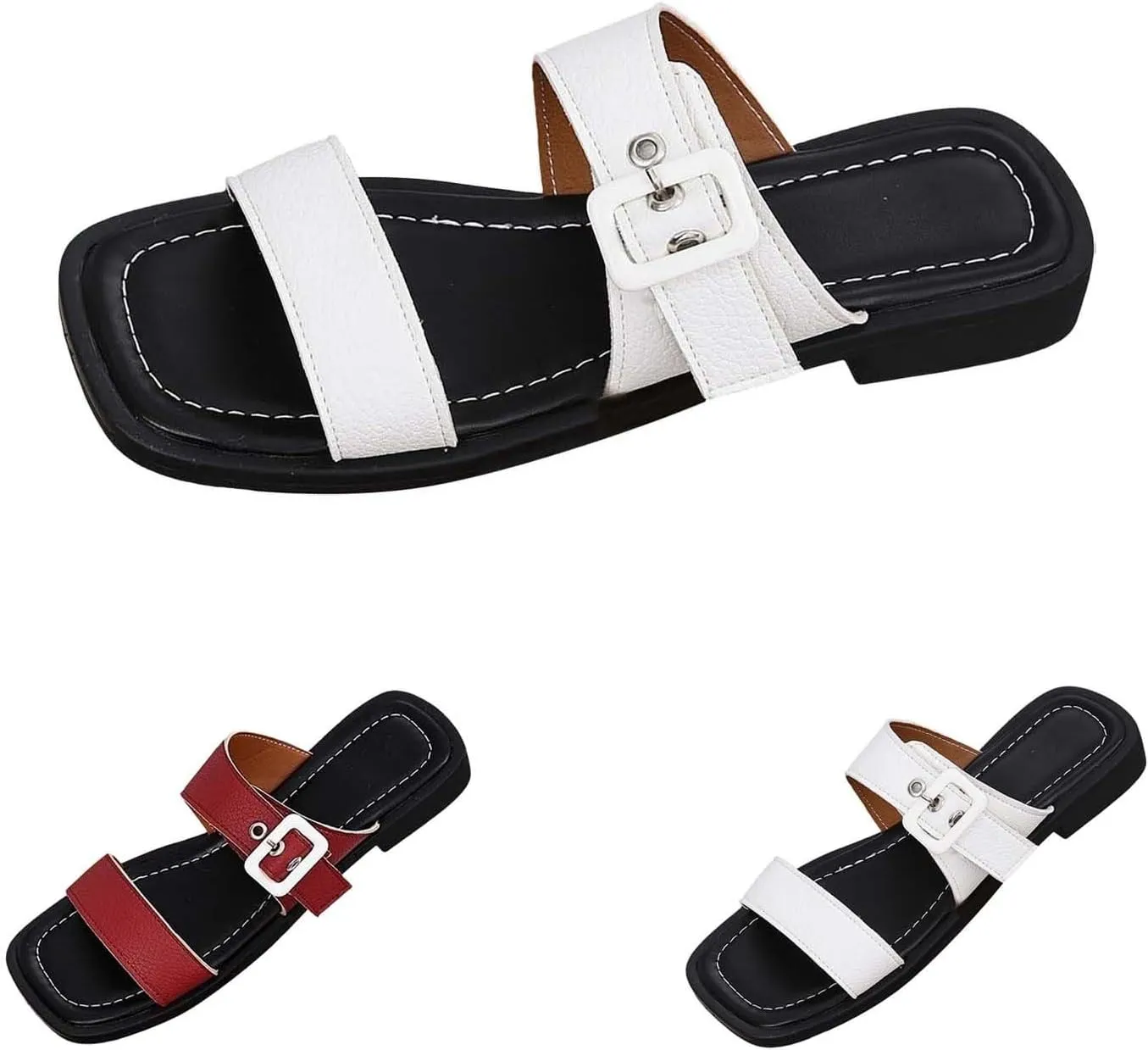 Strappy Flat Sandals for Women Slip On Square Open Toe Slides Sandals Comfortable Low Heel Beach Mules Outdoor