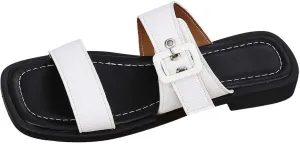 Strappy Flat Sandals for Women Slip On Square Open Toe Slides Sandals Comfortable Low Heel Beach Mules Outdoor