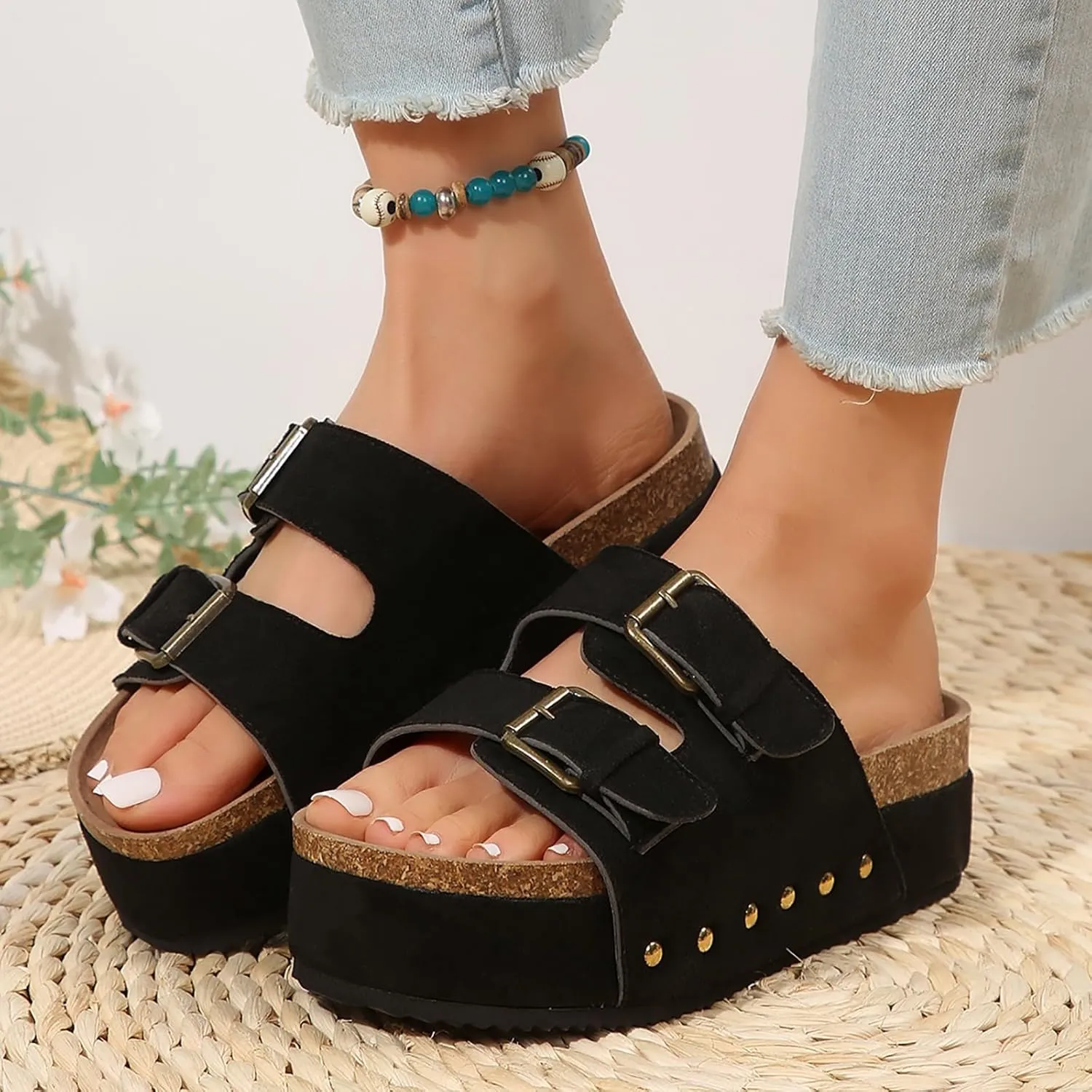 SuanlaTDS Women's Platform Sandals Slip-on Slides Buckle Open Toe Wedge Bohemia Mules 2025 Summer Beach Casual Low Heel Comfortable Flatform Dressy Outdoor Daily Wear Slide Slippers
