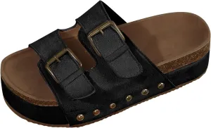 SuanlaTDS Women's Platform Sandals Slip-on Slides Buckle Open Toe Wedge Bohemia Mules 2025 Summer Beach Casual Low Heel Comfortable Flatform Dressy Outdoor Daily Wear Slide Slippers