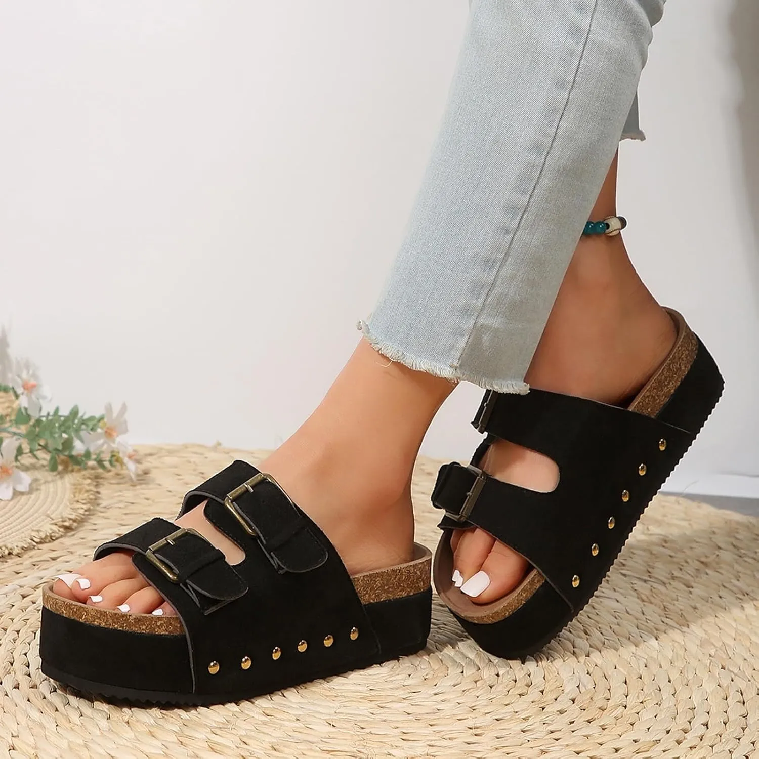 SuanlaTDS Women's Platform Sandals Slip-on Slides Buckle Open Toe Wedge Bohemia Mules 2025 Summer Beach Casual Low Heel Comfortable Flatform Dressy Outdoor Daily Wear Slide Slippers
