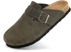 Suede Clogs for Women Clogs Slip on Adjustable Buckle Leather Clogs Cork Footbed Home Clog Slippers with Arch Support Unisex