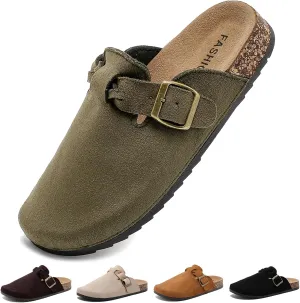 Suede Clogs for Women Men - Soft Cork Footbed Leather Mules with Arch Support, Adjustable Buckle Comfort Potato Shoes, Sandal Slippers