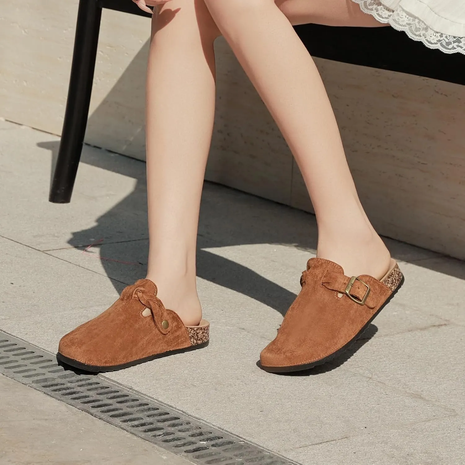 Suede Clogs for Women Men - Soft Cork Footbed Leather Mules with Arch Support, Adjustable Buckle Comfort Potato Shoes, Sandal Slippers