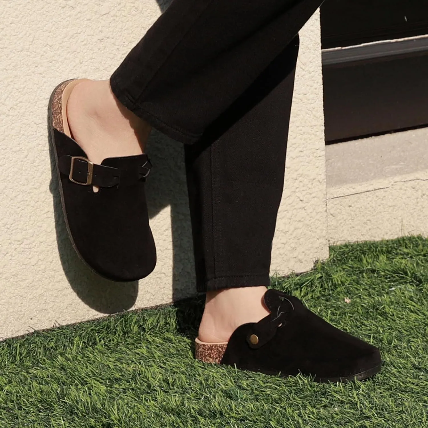 Suede Clogs for Women Men - Soft Cork Footbed Leather Mules with Arch Support, Adjustable Buckle Comfort Potato Shoes, Sandal Slippers