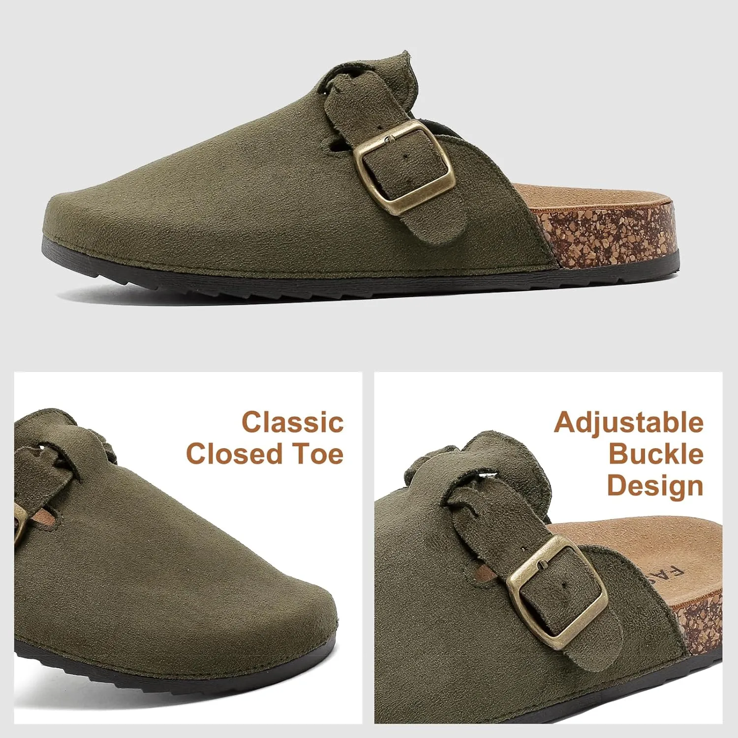 Suede Clogs for Women Men - Soft Cork Footbed Leather Mules with Arch Support, Adjustable Buckle Comfort Potato Shoes, Sandal Slippers