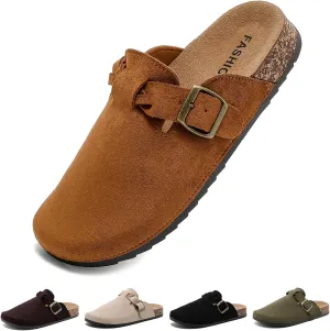 Suede Clogs for Women Men - Soft Cork Footbed Leather Mules with Arch Support, Adjustable Buckle Comfort Potato Shoes, Sandal Slippers