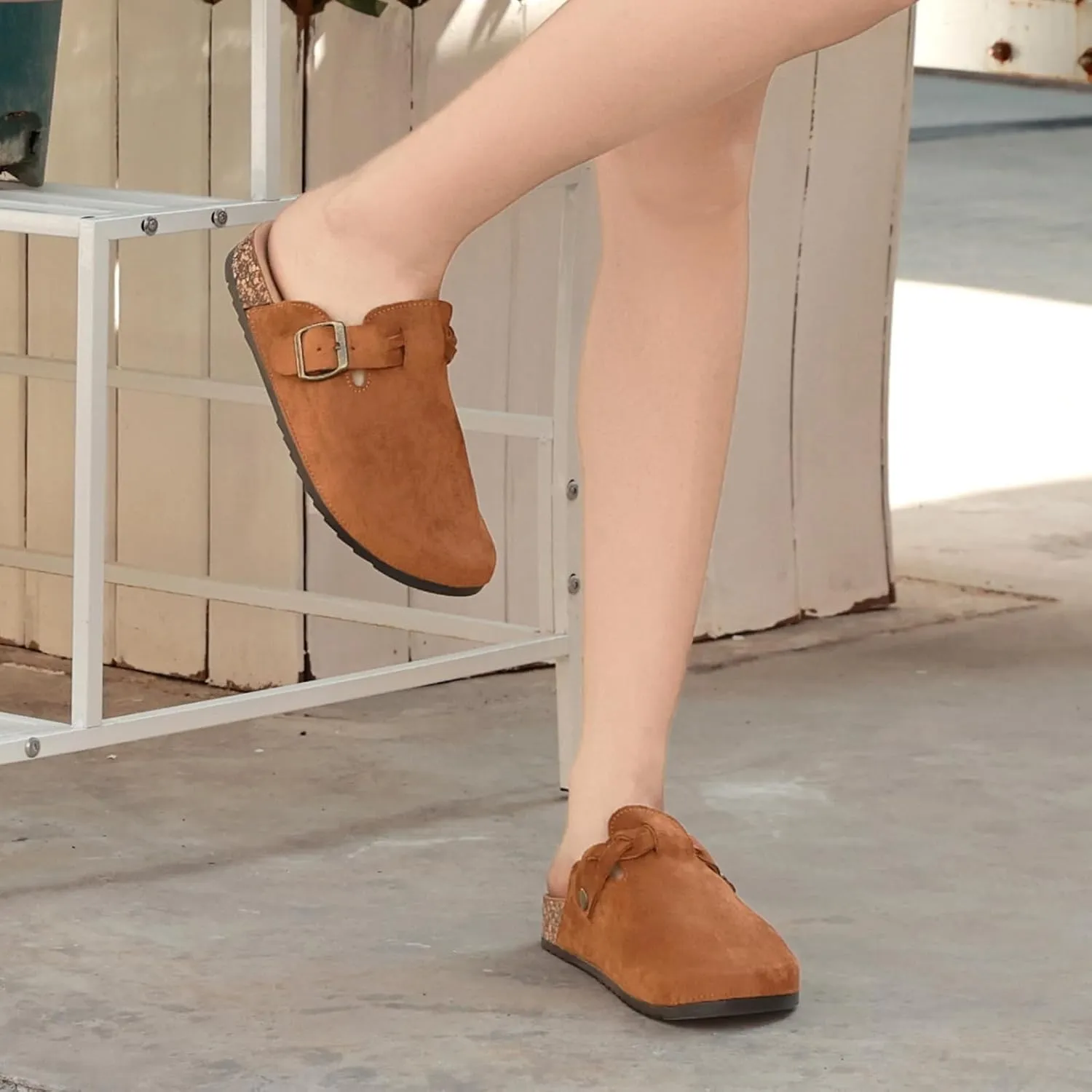 Suede Clogs for Women Men - Soft Cork Footbed Leather Mules with Arch Support, Adjustable Buckle Comfort Potato Shoes, Sandal Slippers
