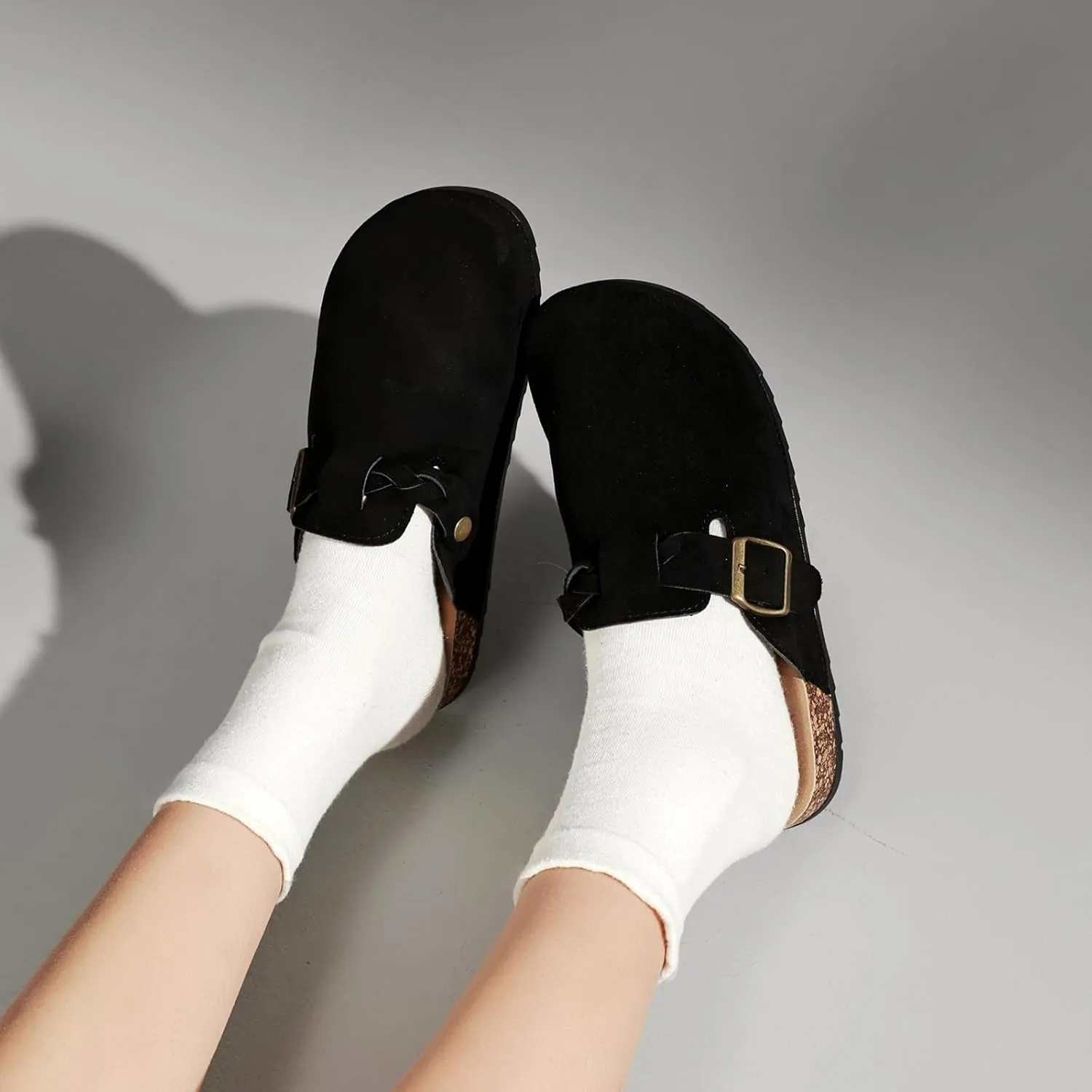 Suede Clogs for Women Men - Soft Cork Footbed Leather Mules with Arch Support, Adjustable Buckle Comfort Potato Shoes, Sandal Slippers