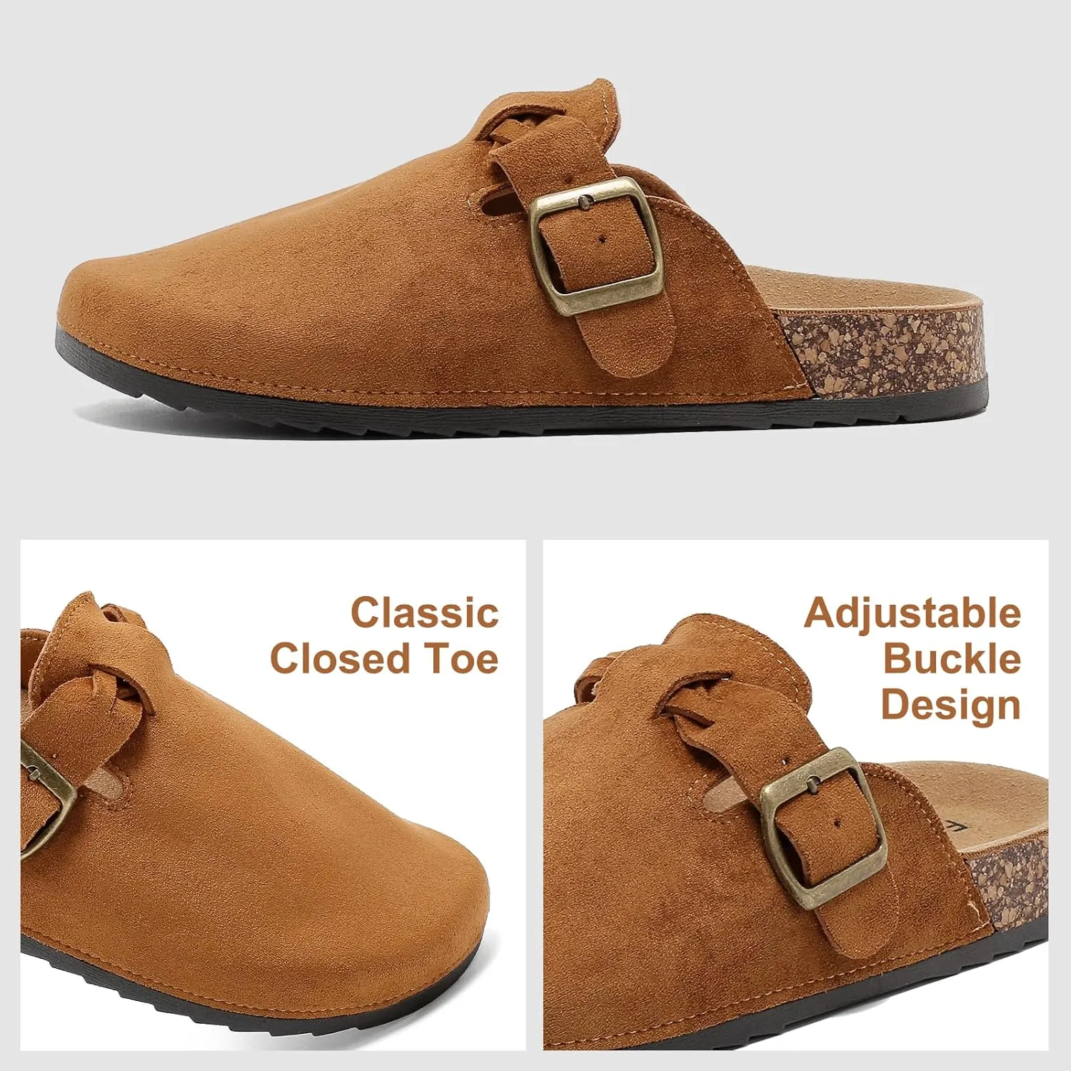 Suede Clogs for Women Men - Soft Cork Footbed Leather Mules with Arch Support, Adjustable Buckle Comfort Potato Shoes, Sandal Slippers