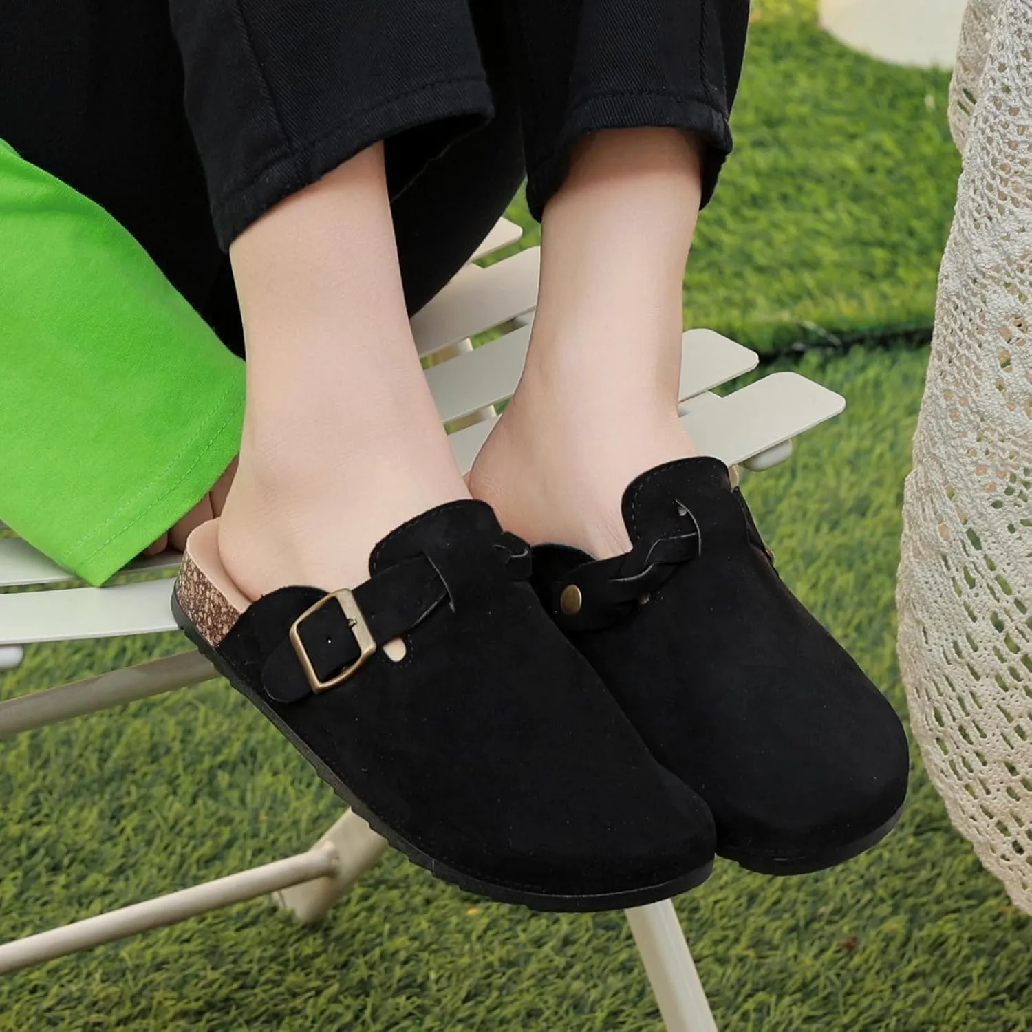 Suede Clogs for Women Men - Soft Cork Footbed Leather Mules with Arch Support, Adjustable Buckle Comfort Potato Shoes, Sandal Slippers