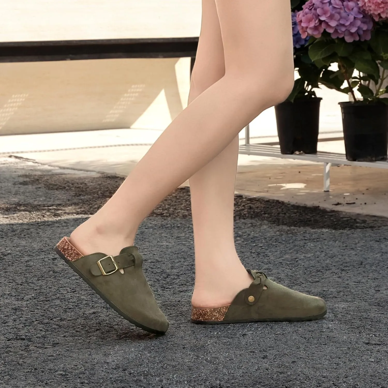 Suede Clogs for Women Men - Soft Cork Footbed Leather Mules with Arch Support, Adjustable Buckle Comfort Potato Shoes, Sandal Slippers