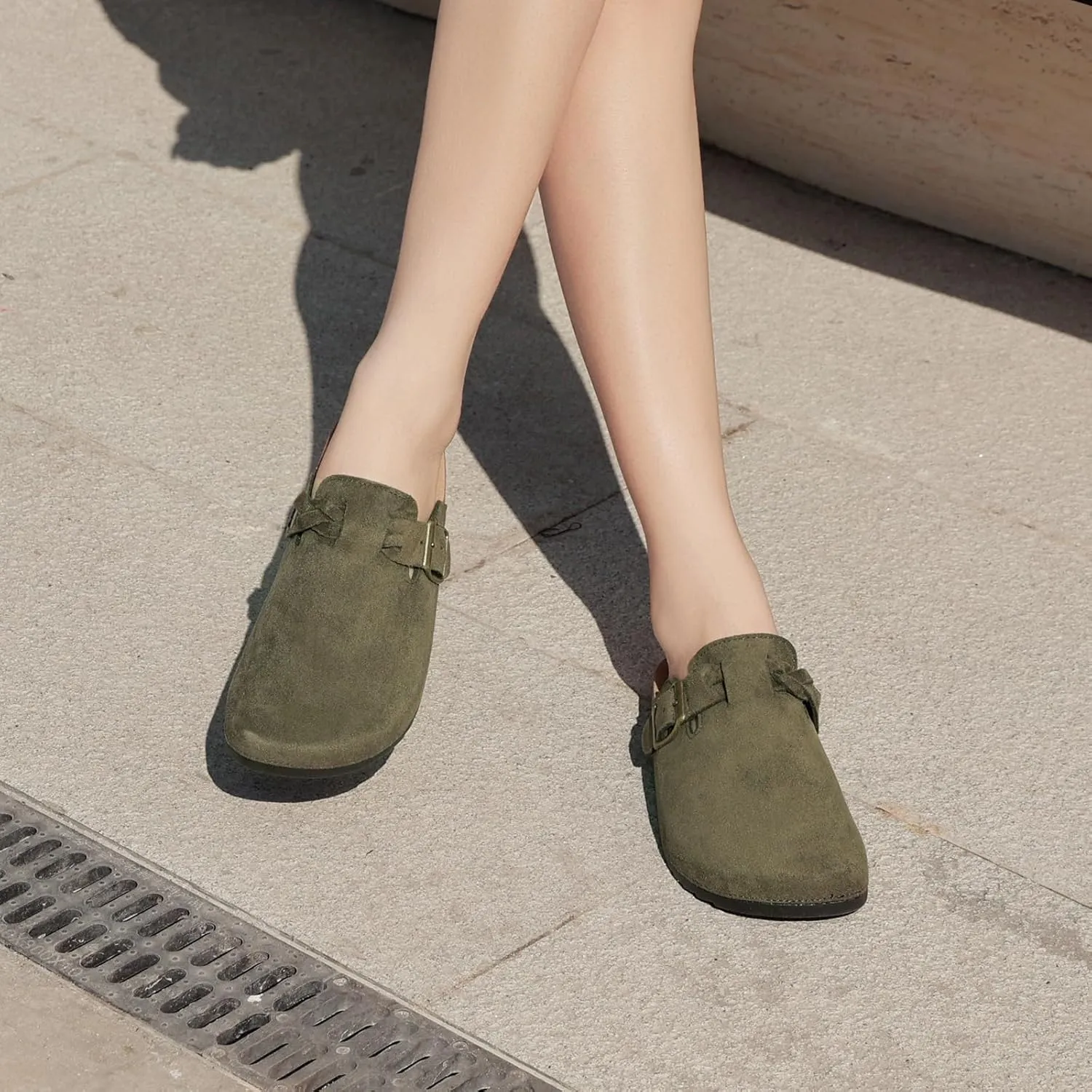 Suede Clogs for Women Men - Soft Cork Footbed Leather Mules with Arch Support, Adjustable Buckle Comfort Potato Shoes, Sandal Slippers
