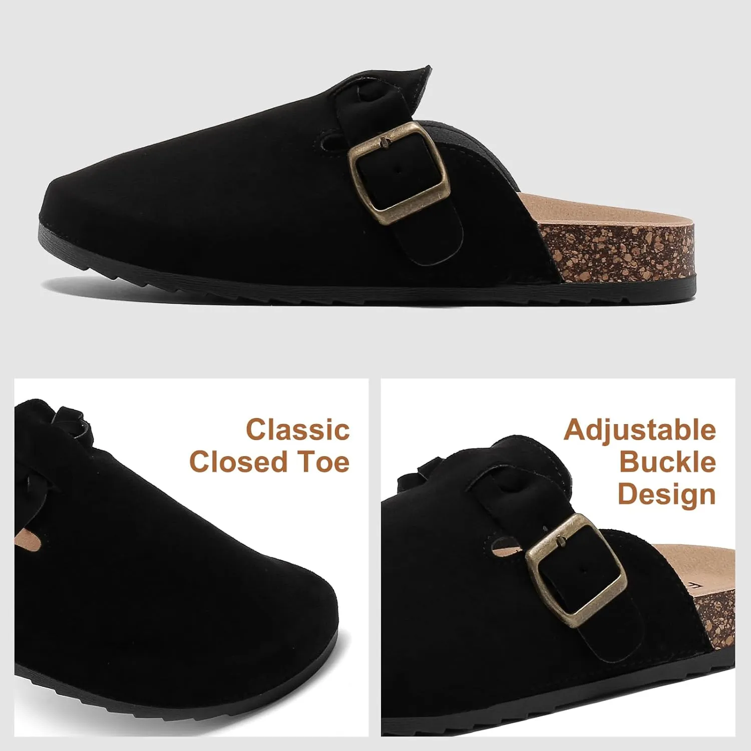 Suede Clogs for Women Men - Soft Cork Footbed Leather Mules with Arch Support, Adjustable Buckle Comfort Potato Shoes, Sandal Slippers