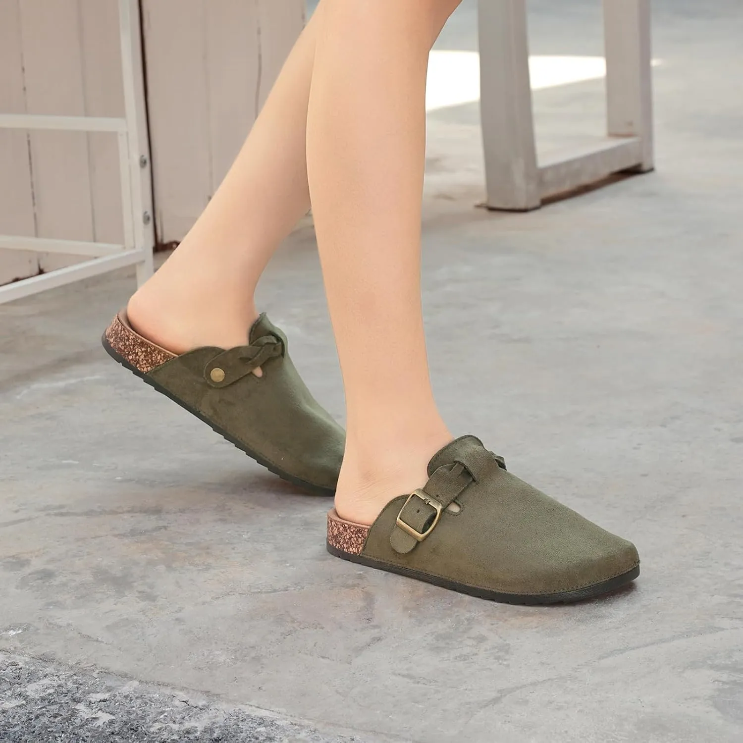 Suede Clogs for Women Men - Soft Cork Footbed Leather Mules with Arch Support, Adjustable Buckle Comfort Potato Shoes, Sandal Slippers